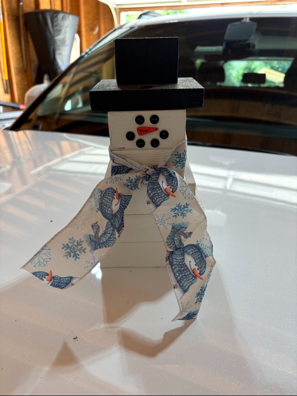 Handmade White Wooden Snowman with Black Hat and Blue Scarf - Holiday Décor
